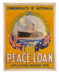 ARTIST UNKNOWN "Commonwealth of Australia PEACE LOAN Applications Received Here", c.1920 colour lithographic poster by E.B. Studios, Sydney, with reference number "C.B.L.11" in lower margin at left. The word "UNMASKING" which has been printed under the sh