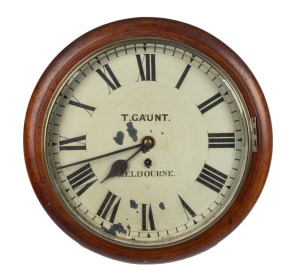 An antique English dial clock in mahogany case, single train chain fusee movement with cast brass bezel and silvered sight ring, retailed by "T. GAUNT, MELBOURNE", 19th century, 38cm diameter overall