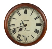 An antique English dial clock in mahogany case, single train chain fusee movement with cast brass bezel and silvered sight ring, retailed by "T. GAUNT, MELBOURNE", 19th century, ​​​​​​​38cm diameter overall