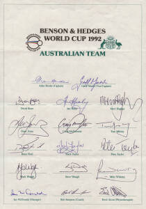 1992 Australian Team to World Cup, official team sheet with 17 signatures including Allan Border (captain), Geoff Marsh, Craig McDermott, Steve Waugh & Dean Jones. Fine condition. Scarce.