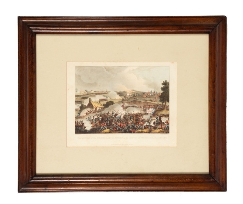 An antique Australian cedar picture frame, housing an antique engraving titled "The Centre Of The British Army In Action At The Battle Of Waterloo, June 18th, 1815", 41 x 48.5cm overall, internal 32 x 39.5cm