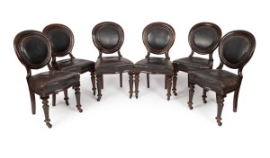 An antique Australian blackwood set of six padded balloon back dining chairs with turned front legs and leather upholstery, circa 1890 92cm high