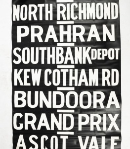 MELBOURNE TRAM DESTINATION ROLL: TOORAK, SPECIAL, FOOTBALL, RACECOURSE, BRUNSWICK, VICTORIA MARKETS, MORELAND, etc, 20th century or later. Note: Includes a few non genuine destinations, possibly a later hand-painted example. 800 x 100cm