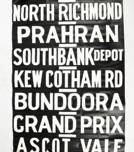 MELBOURNE TRAM DESTINATION ROLL: TOORAK, SPECIAL, FOOTBALL, RACECOURSE, BRUNSWICK, VICTORIA MARKETS, MORELAND, etc, 20th century or later. Note: Includes a few non genuine destinations, possibly a later hand-painted example. 800 x 100cm