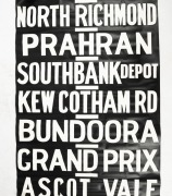 MELBOURNE TRAM DESTINATION ROLL: TOORAK, SPECIAL, FOOTBALL, RACECOURSE, BRUNSWICK, VICTORIA MARKETS, MORELAND, etc, 20th century or later. Note: Includes a few non genuine destinations, possibly a later hand-painted example. 800&nbsp;x 100cm