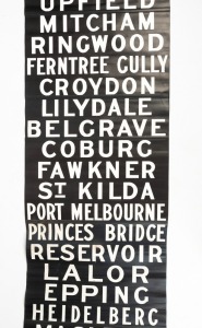 MELBOURNE TRAIN DESTINATION ROLL: SUNSHINE, MITCHAM, KENSINGTON, NEWPORT, RINGWOOD, SANDRINGHAM, BELGRAVE, LILYDALE, etc, 20th century, 700 X 85cm