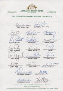 1993 Australian Team to England, official team sheet with 21 signatures including Allan Border, Mark Taylor & Shane Warne. (In his first Ashes tour, Warne bowled Gatting with "the ball of the Century"). Fine condition. Scarce.