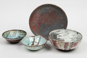 JOHN PERCEVAL pottery platter and three pottery bowls, (4 items), three with incised and painted signatures, the platter 26.5cm wide