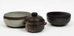 DAVID & HERMIA BOYD two pottery fruit bowls, together with a LUCY HATTON BECK lidded casserole, (3 items), incised signatures to the bases, the larger bowl 10cm high, 24cm diameter