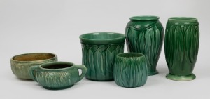 MELROSE WARE six assorted green glazed pottery vases and bowls with gumnut and gum leaf decoration, the largest 24cm high