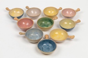 ARTHUR MERRIC BOYD set of ten harlequin pottery ramekins, incised "A. M. B.", ​​​​​​​14.5cm wide