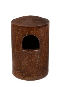 ARTIST UNKNOWN brown glazed pottery bird feeder, incised "19.01.40", 29cm high