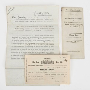 MINER'S RIGHT circa 1917, issued to William Sizer; together with two 19th century indenture mining lease documents for "The Bucknalls Estate Gold Mining Company", circa 1885, (3 items)