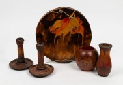 POKERWORK doileys cover, pair of candlesticks and two vases, circa 1930s, (5 items), the doily cover 29cm diameter