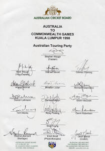 1998 Australian Team to Commonwealth Games in Kuala Lumpur, official team sheet with 17 signatures including Stephen Waugh (captain), Adam Gilchrist & Glenn McGrath. Fine condition. Rare.