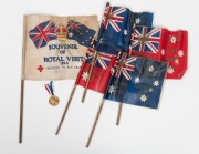 [QUEEN ELIZABETH] A gilt-bronze 1953 Coronation medal by Stokes, with original ribbon; together with four souvenir plastic flags "Royal Visit Souvenir 1954 - Newtown and Chilwell" (on red or blue backgrounds); also, a small cloth flag "Souvenir of Royal V