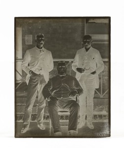 The three Victorian Police detectives responsible for the arrest of Frederick Deeming; Kennedy, Consedine and Cawsen; a large format glass plate negative (25 x 20cm), circa 1890; together with a print from the negative.