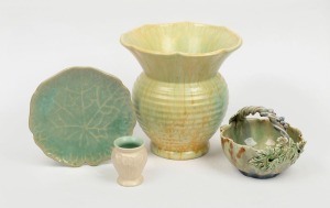 CASTLE HARRIS pottery basket vase, McCREDIE green glazed pottery leaf dish, VIOLA cream glazed pottery gum leaf vase, and a green glazed pottery vase, (4 items), ​​​​​​​the largest 22cm high