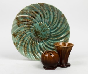 REGAL MASHMAN green glazed pottery platter, brown glazed vase and a brown glazed flower aide, (3 items), ​​​​​​​the platter 31.5cm diameter