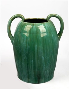 JOHN CAMPBELL large green glazed pottery vase with two handles, incised "John Campbell, Tasmania", 35cm high