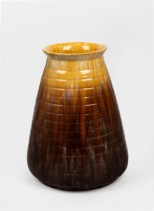 JOHN CAMPBELL large brown and yellow glazed pottery vase with ribbed decoration, incised "John Campbell, Tasmania", 36cm high