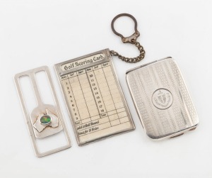GEELONG GRAMMAR "To BEAK From TUBBIE, Christmas 1923" sterling silver pocket matchbook holder engraved with the school crest and motto, together with an Australian silver and opal money clip, and a silver mounted gold score card, 20th century, (3 items), the money clip 7.5cm long