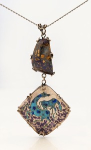 MYRA SKIPPER vintage Australian silver, boulder opal and enamel pendant on silver chain, 20th century, the pendant 12cm high.