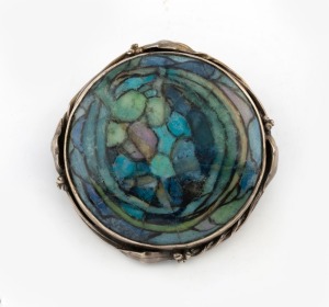 RHODA WAGER (attributed) Australian silver circular brooch set with blue ceramic insert,  ​​​​​​​4.5cm diameter