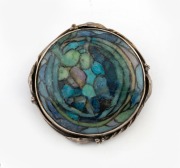 RHODA WAGER (attributed) Australian silver circular brooch set with blue ceramic insert,&nbsp; ​​​​​​​4.5cm diameter