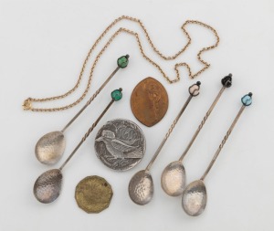 Five assorted Australian silver coffee spoons together with medallions, medal and necklace