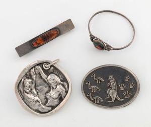 A child's silver bangle with enamel decoration, together with a vintage silver pendant, 835 silver and amber brooch and a silver brooch with kangaroo and emus (4 items), the largest 6cm wide