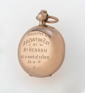 ROLLASON antique Australian 9ct gold sovereign case with engraved ownership monogram and dedication, early 20th century, 4.5cm high including bow, 16.4 grams total