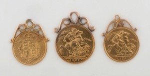 A 1907 gold sovereign with pendant mounting, together with a 1915 gold half sovereign with pendant mounting and an 1887 gold half sovereign with shield back (3 items), ​​​​​​​17.7 grams total