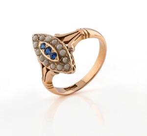 DONOVAN & OVERLAND of Western Australia, 15ct rose gold ring with marquee setting adorned with seed pearls and blue sapphires, circa 1900, stamped 15c with pictorial mark, 4.8 grams