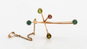 An antique Australian "Southern Cross" 9ct gold brooch, set with coloured stones, early 20th century, engraved "Brisbane 1905-1909", 4.5cm wide, 4.8 grams 