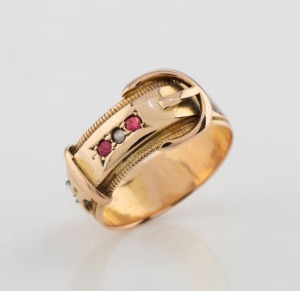 MACKAY of Brisbane antique 15ct gold buckle ring, set with rubies and diamond, circa 1890, stamped "M,15ct", 3.5 grams 