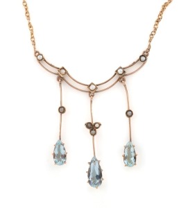 ARONSON of Melbourne, antique 9ct gold negligee necklace, set with seed pearls and aquamarine pendant drops, circa 1900, the pendant section 4cm wide, 5 grams total