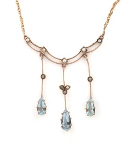 ARONSON of Melbourne, antique 9ct gold negligee necklace, set with seed pearls and aquamarine pendant drops, circa 1900,  the pendant section 4cm wide, 5 grams total