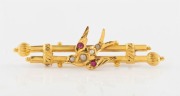 WILLIS & SONS&nbsp;of Melbourne antique 15ct gold bird brooch, set with seed pearls and red stones, 19th century, stamped "15" flanked by pictorial marks, 5cm wide, 3 grams&nbsp;