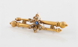 JOHNSON & SIMONSEN of Melbourne antique 15ct gold brooch with butterfly, set with seed pearls and blue stone, 19th century,  ​​​​​​​5cm wide, 3.1 grams 