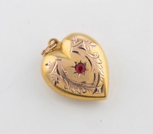 ROLLASON antique 9ct gold heart shaped pendant, set with red stone, early 20th century, stamped "R, 9ct" with pictorial mark, 2.5cm high including bow, 2.1 grams