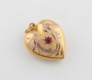 ROLLASON antique 9ct gold heart shaped pendant, set with red stone, early 20th century, ​​​​​​​stamped "R, 9ct" with pictorial mark,  2.5cm high including bow, 2.1 grams