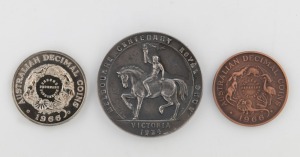 VICTORIAN CENTENARY: "MELBOURNE CENTENARY ROYAL SHOW, 1934" medal, silvered bronze, by Stokes, 54mm, superb condition in box of issue. Together with 1965 The Royal Australian Mint / 1966 Decimal Currency medals in bronze and in silver, both in boxes of issue. (3 items).
