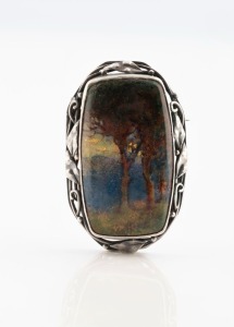 DOROTHY M. WAGER antique silver brooch with fine quality enamel plaque, circa 1920s, 4cm high