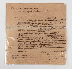 THE VOYAGE OF THE "HAYESTON" FROM MADRAS TO NEW SOUTH WALES 1815-16. A manuscript letter from The Sheriff's Office, Madras, dated 17th November 1815, informing C.M. Ricketts, Chief Secretary at Fort William, Bengal, informing him that the owner of the "Hayeston" has advised that "the provisions and water for the European convicts now under sentence" are now on board and that the ship "will drop down the river on Sunday or Monday next....for the embarkation of the Convicts."