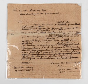 THE VOYAGE OF THE "HAYESTON" FROM MADRAS TO NEW SOUTH WALES 1815-16. A manuscript letter from The Sheriff's Office, Madras, dated 17th November 1815, informing C.M. Ricketts, Chief Secretary at Fort William, Bengal, informing him that the owner of the "Ha