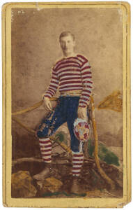 SOUTH MELBOURNE: c1880 hand-coloured carte-de-visite photograph of footballer in South Melbourne colours, taken by E.Pollard & Co. of Lygon Street, Carlton. Fair/Good condition.