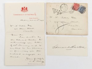 Sir EDMUND BARTON (Australia's 1st Prime Minister, 1901-1903) pen signature on piece, together with an official single page manuscript letter on Commonwealth Of Australia Prime Minister letterhead paper dated Sydney, March 12th, 1903 from the Secretary to