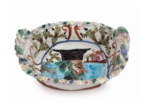 GREG IRVINE large pottery basket with hand-painted decoration, signed "G. Irvine", 21cm high, 38cm wide