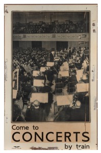 VICTORIAN RAILWAYS TRAVEL POSTER "Come to CONCERTS by train", c1930s, process lithograph, text at base reads: "VR [Victorian Railways], Poster No. 253." slightly reduced and laid down on backing board, 99.5 x 63.5cm; with defects.